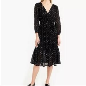 J. CREW Point Sur Faux Wrap Crinkle Chiffon Dress Black White Dots - Sz 12 - NWT